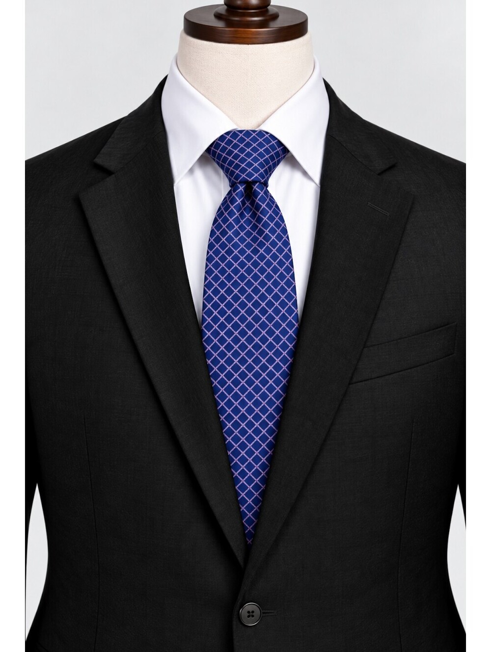 Roundtree & Yorke Handmade All Silk Men's Tie Navy Blue with Pink Grid Pattern